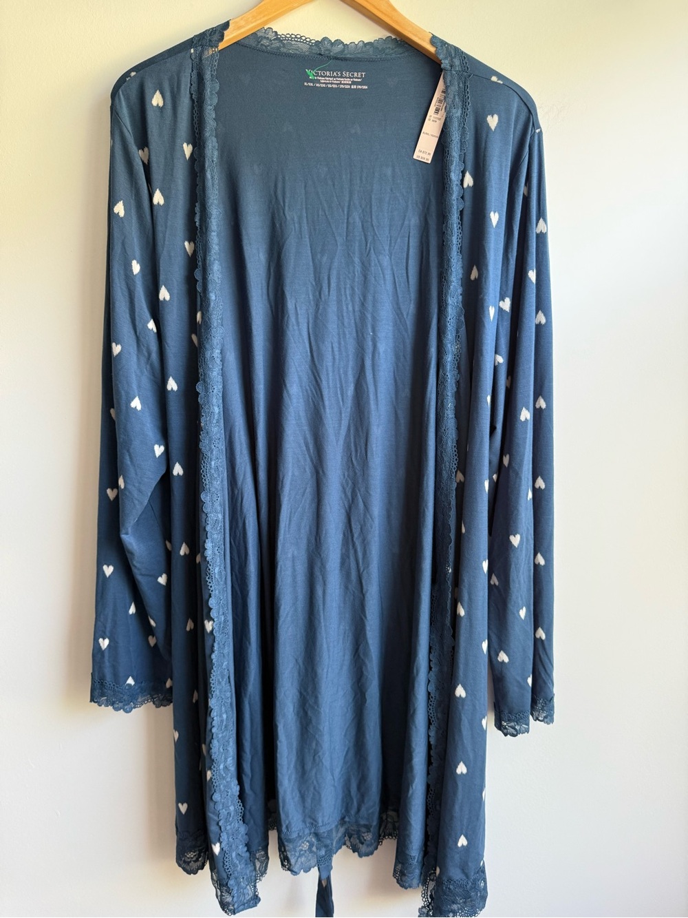Victoria's Secret Blue Heart-Print Lace-Trim Robe